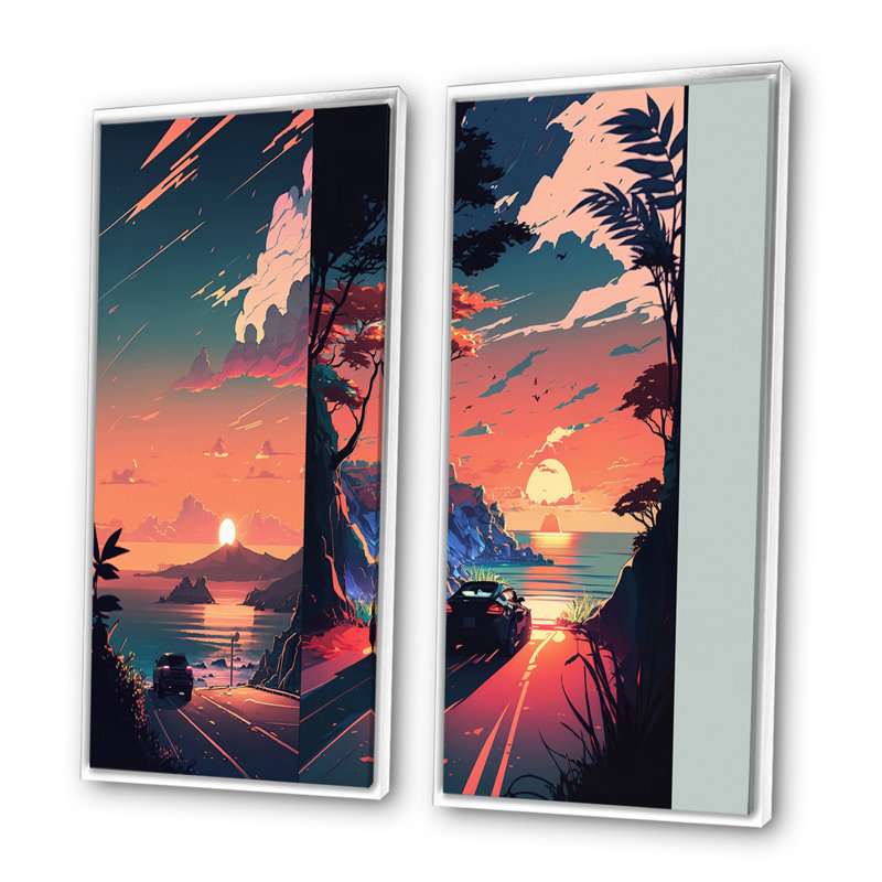«Road To The Sunset», 2 pièces sur toile, Cadre blanc, H 40 po x l 40 po