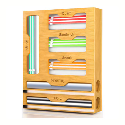 6-in-1 Bamboo Plastic Wrap Dispenser & Cutter with Foil Roll Holder - Suitable for Kitchen Drawer Organizer, Bamboo Foil and Wrap Storage Box for Gallon, Quart Bags, Snack Containers, Space-Saving Food Storage Cutter System for Pantry