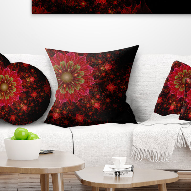 Fleurs fractales rouge foncé et vert clair - coussin à imprimé floral, 18 po x 18 po, Coussin décoratif