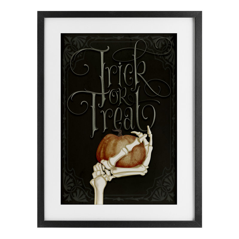 «Trick Or Traite Skeleton», reproduction encadrée à la main sous verre, design par Nicole Tamarin, H 20 po x l 14 po