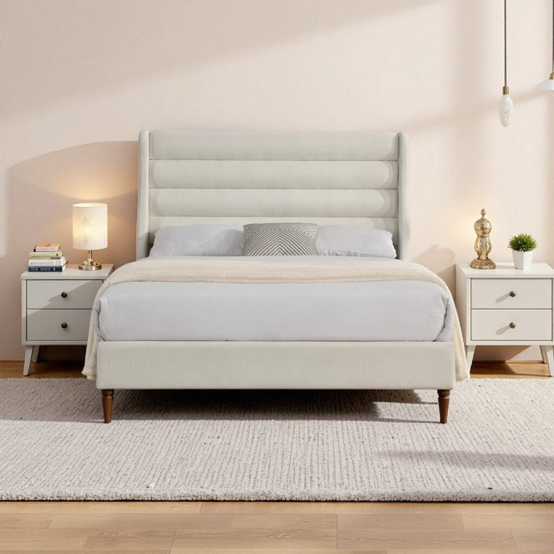 Structure de lit tapissier grand format avec tête de lit haute de conception ondulée, tissu chenille de qualité supérieure, aucun sommier tapissier requis, ivoire