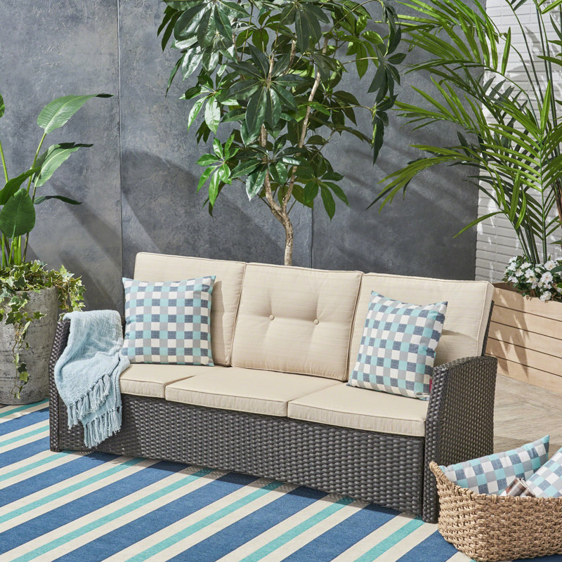 75 " W Straight Wicker Patio Sofa with Cushions, Dark Brown