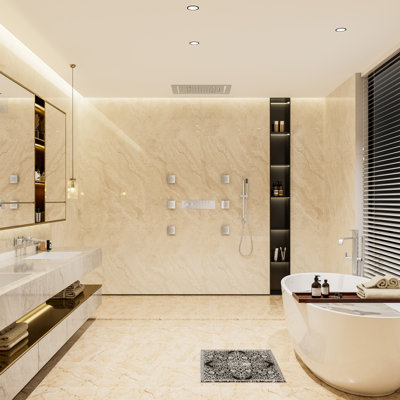 Système de douche complet thermostatique encastré au plafond avec lumières DEL, jets de corps et barre coulissante