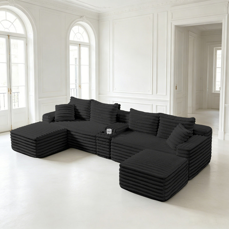 127" U-Shaped Compressed Boneless Sectional Sofa with Ottoman and Console,No Assembly Required, Black