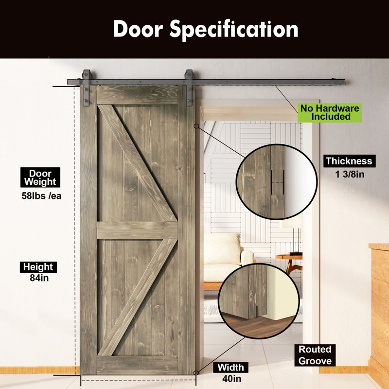 84'' Solid Wood Semi-Gloss without Installation Hardware Kit Barn Door, 40" x 84"