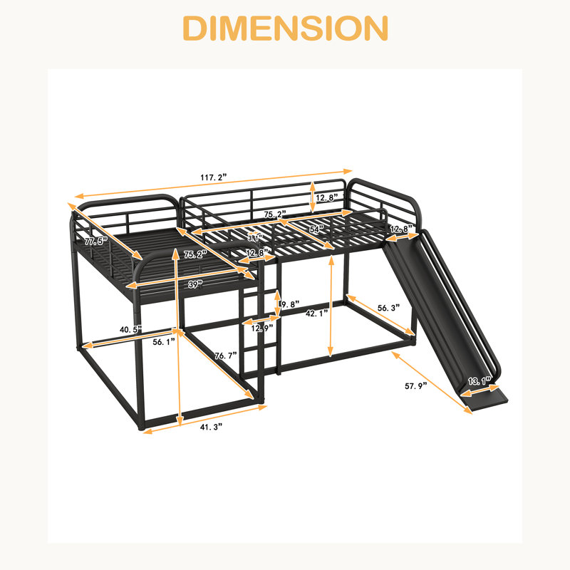 Lit superposé en L pour lit double et simple avec glissière et échelle courte, Noir