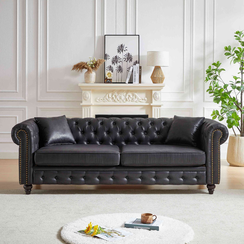 Canapé Chesterfield 85,5 po, H 28,28 po x l 85,53 po x P 32,28 po, Noir