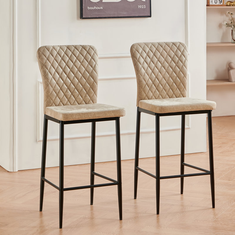 Vintage Suede/Velvet Diamond Pattern Upholstered High Back Bar Stool, Beige Suede