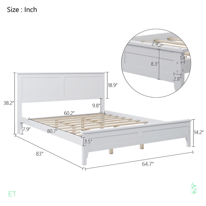 Modern Solid Wood Platform Bed, White, Queen