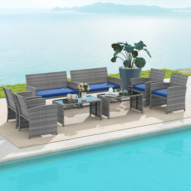 8 Piece Patio Furniture Set Outdoor Wicker Conversation Set w/ Tempered Glass Coffee Table, Navy