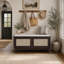 Banc d'entrée en rotin avec rangement Boho, banc à chaussures rembourré avec portes doubles, rangement en bois