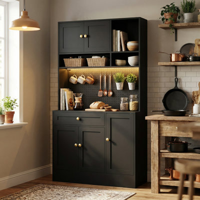 LED Pantry Cabinets With Pegboard, Kitchen Pantry Storage Cabinet With Outlet & Microwave Stand, Kitchen Hutch Coffee Bar With 5 Hooks And Adjustable Shelf