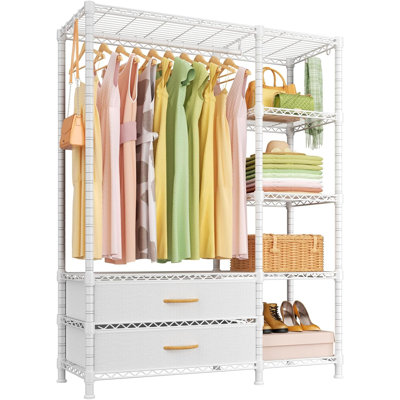 Heavy Duty Clothes Rack（With Fabric Drawers）Freestanding Clothing Racks For Hanging Clothes，Adjustable Closet Organizer System，Portable Garment Rack 40" W X 15" D X 72" H，Max Load 700LBS，White