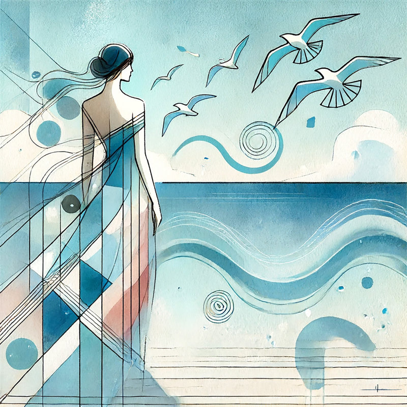 «Contemplative Gaze: Woman with Seagulls», art mural sur toile tendue, H 12 po x l 12 po x P 1 po