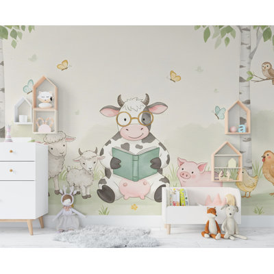 Cow Reading A Book Wall Graphics Farm Animal Peel And Stick Goat Sheep Pig Animals Room Farm Wallpaper Nursery Wall Decor Mural 576RS (Non-Woven) RS576