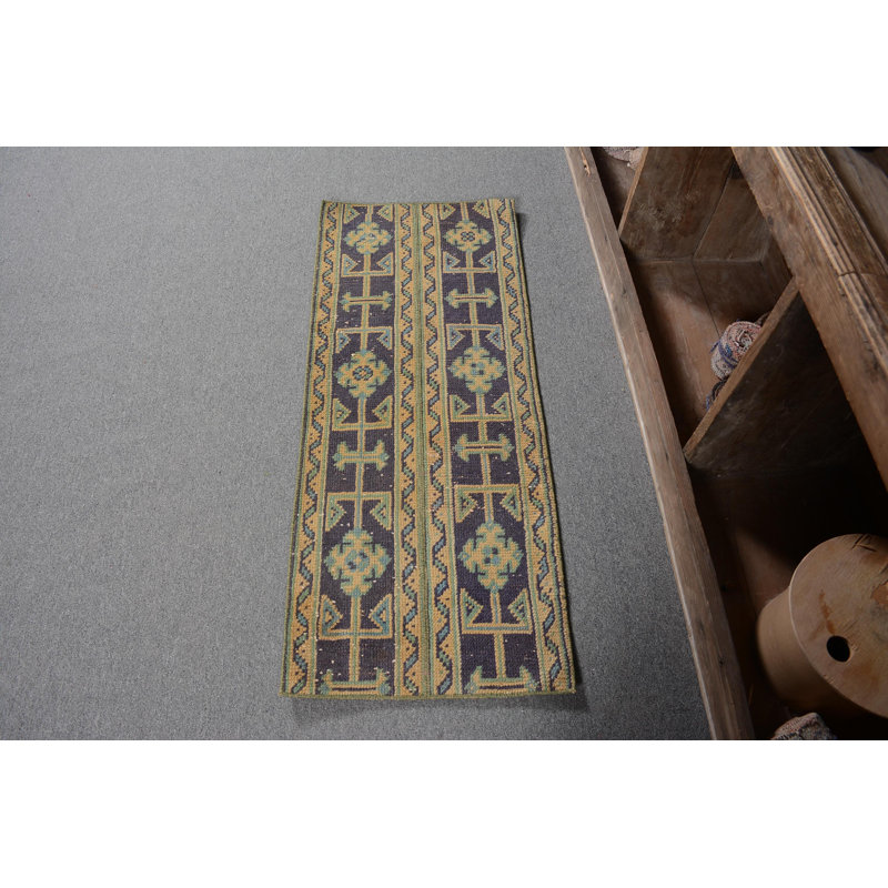 Green Anatolian Rug, Wool Rugs, Neutral Rugs, 1.5x3.7 ft Small Rugs, Vintage Rug, Turkish Rug