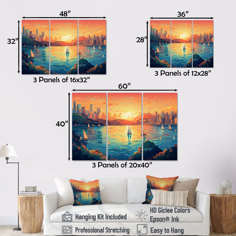 Sydney Harbour, coucher de soleil, côtes I - art mural côtier paysage portuaire, Toile tendue, H 40 po x l 61 po x P 1 po