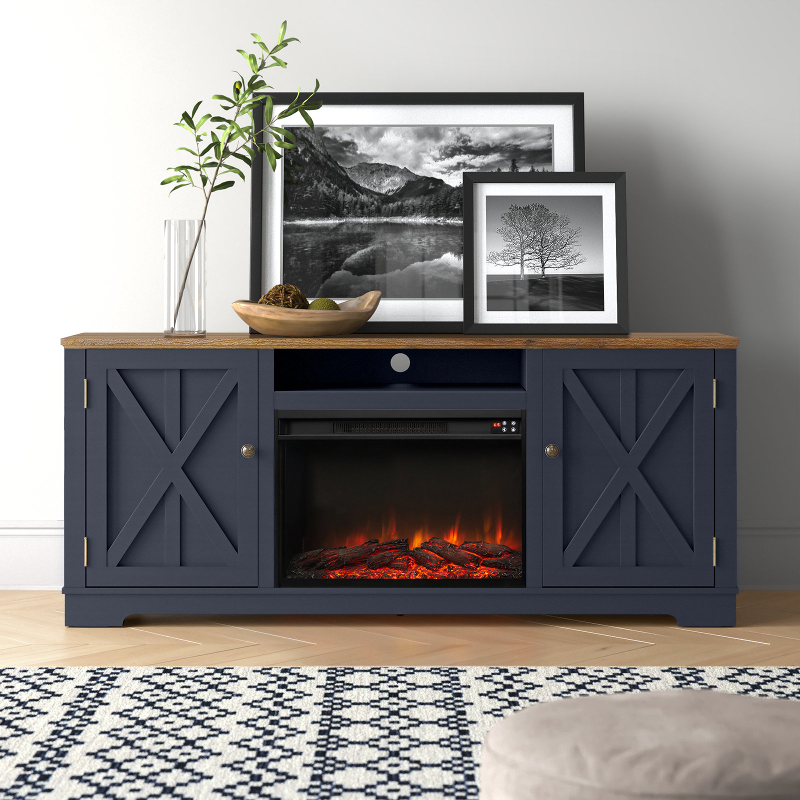 Navy blue tv stand with fireplace discount