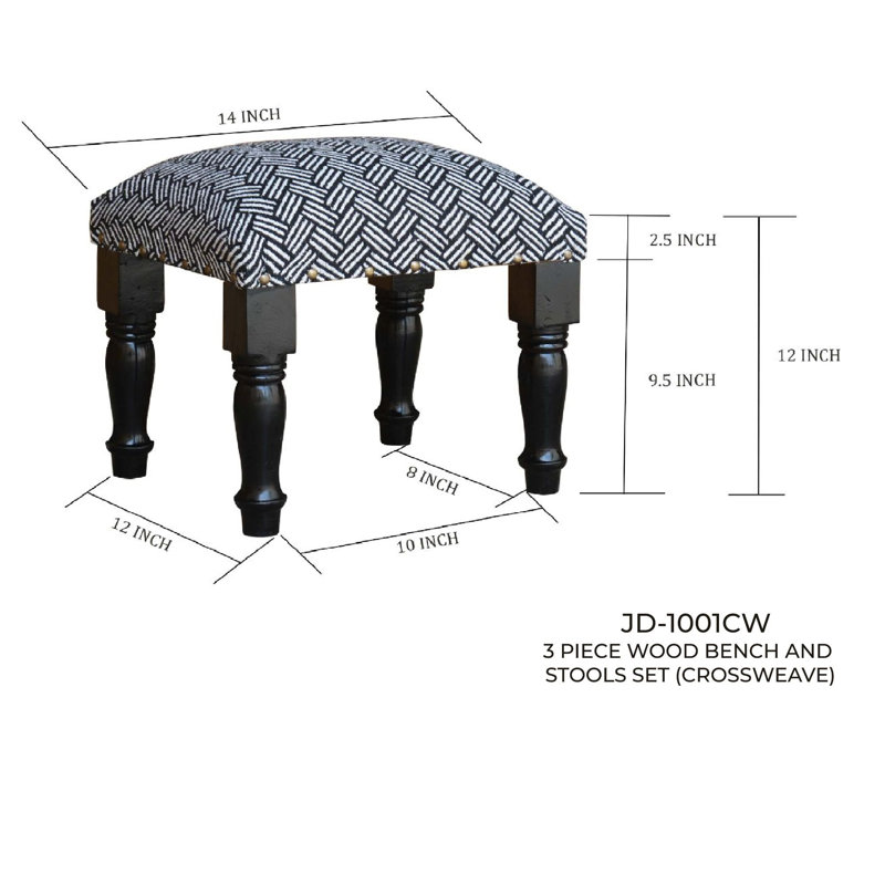 Ensemble de banc et tabourets en bois 3 pièces (henné), Noir / gris géométrique, Noir