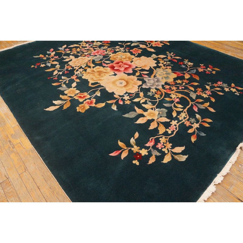 Wool Antique Rectangle Hand Knotted Chinese Art Deco Blue 1930s Rug