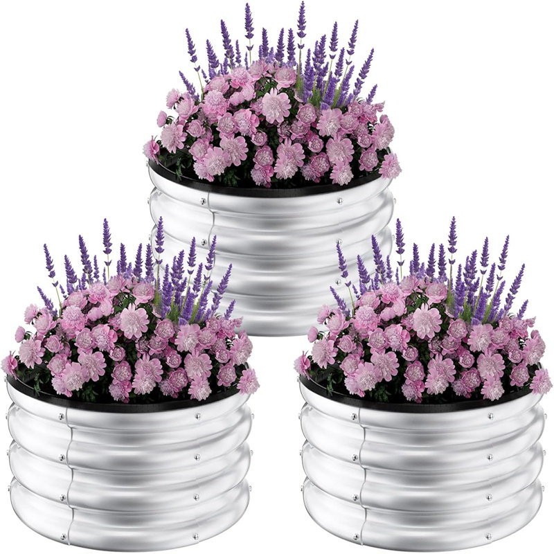 3-Pack Round Galvanized Steel Raised Garden Beds - 2x2x1Ft Heavy-Duty Open-Bottom Planters Sliver, Silver