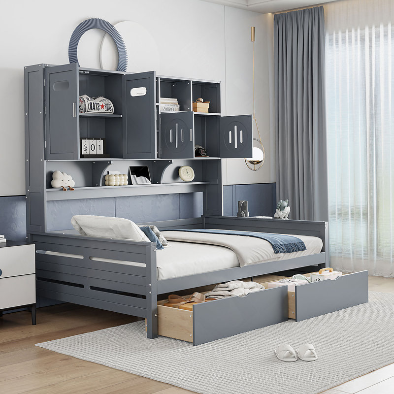 Full Size Wooden Daybed With 2 Drawers, and All-in-One Cabinet and Shelf, Gray, Gray, Full/Double