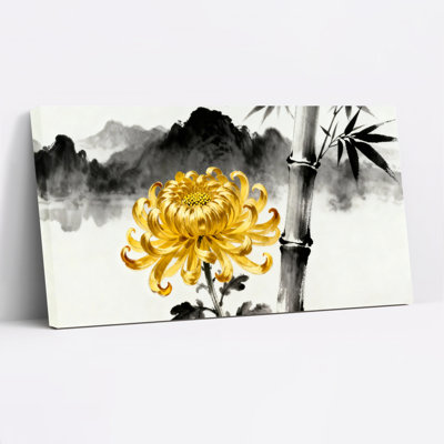 Ensemble de 1 tableau sur toile tendue, représentant un chrysanthème doré et du bambou, peint à l'encre.