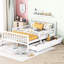 Lit plateforme en bois blanc avec garde-corps latéraux et deux tiroirs de rangement accessibles pleine grandeur de style moderne