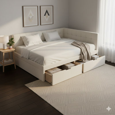 Full Size Padded Low-Profile Bed Featuring USB Ports And 2 Built-In Drawers, In Beige Finish.