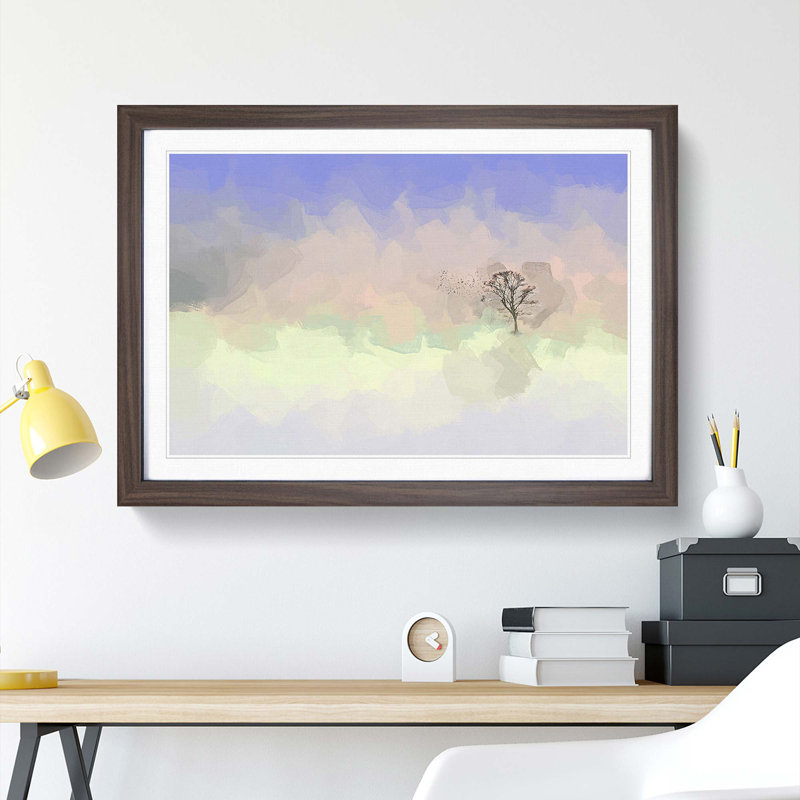Flock of Birds Leaving the Tree in Abstract - Picture Frame Painting Print, Walnut Framed, 48cm H x 65cm W x 2cm D
