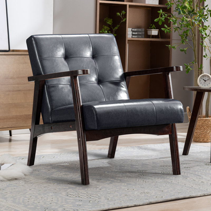 Havva 21.65'' Wide Tufted Artificial Leather Mid-Century Modern Armchair, Dark Gray