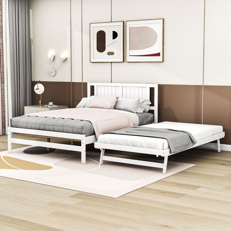 Lit plateforme double en bois avec lit gigogne Daryna, Blanc