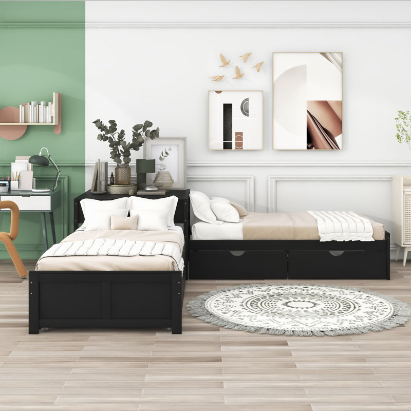 Divyanshi Twin Size L-shaped Platform Bed with Trundle and Drawers, Espresso