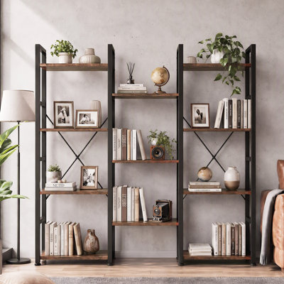 Industrial Triple Wide Bookcase, Open Display Bookshelf for Living Room, Bedroom, Home Office