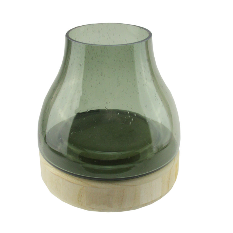 Porte-bougie pilier 7,75 "gris tempête en verre bullé avec base en bois