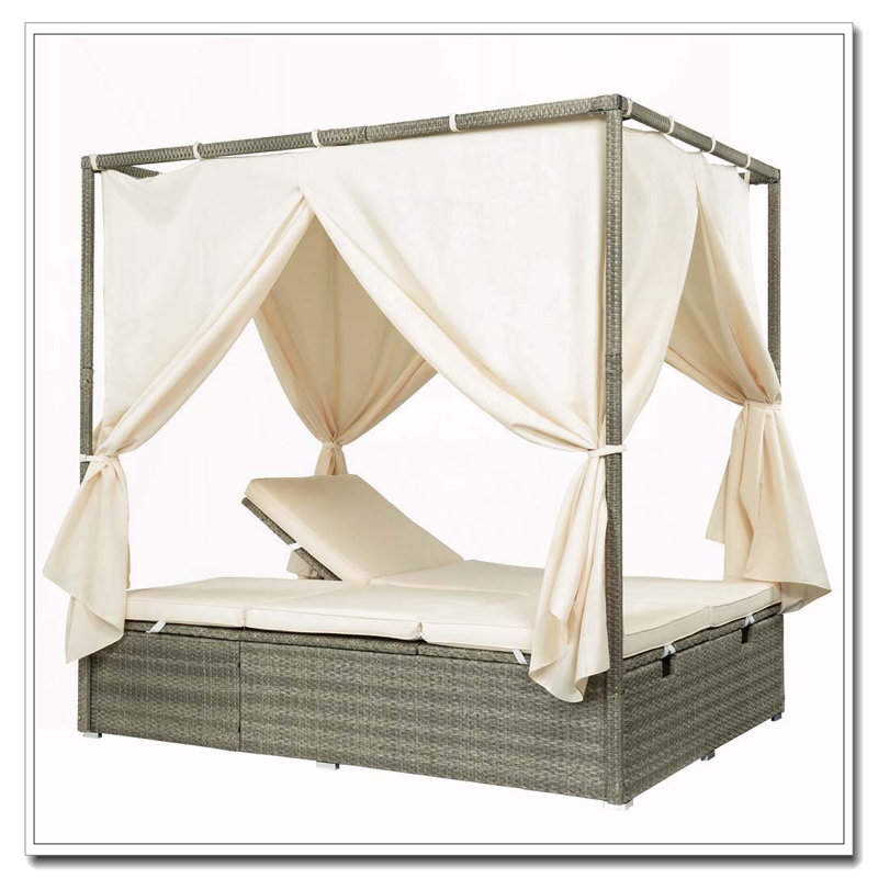 Adjustable Outdoor Sun Lounger with Canopy and Multi-Position Recline, Beige