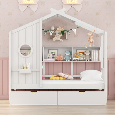 Wooden Full Size House Bed With 2 Drawers,Kids Bed With Storage Shelf, White(Old SKU: HL000052AAK)