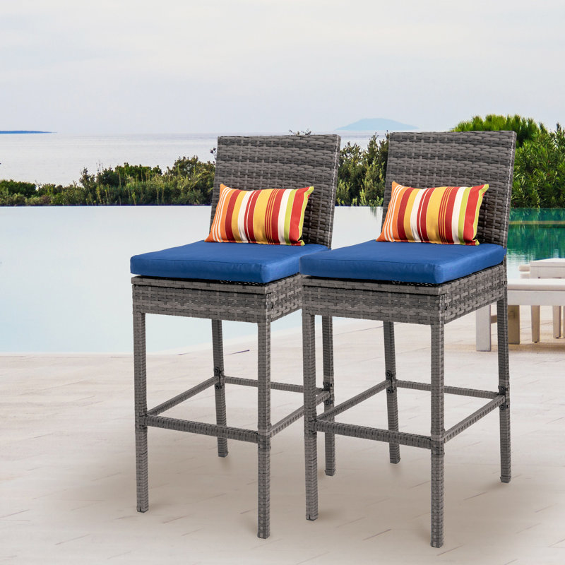 Iliff Polyethylene (PE) Wicker Outdoor 30.5'' Bar Stool with Cushion, Navy, Gray