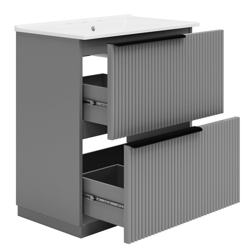 Meuble-lavabo gris 30 po avec tiroirs d'extension, glissières de tiroir à fermeture en douceur, cuve en céramique séparée, finition lustrée de 6 po de profondeur, 17,5 po, meuble-lavabo à cloison Smart