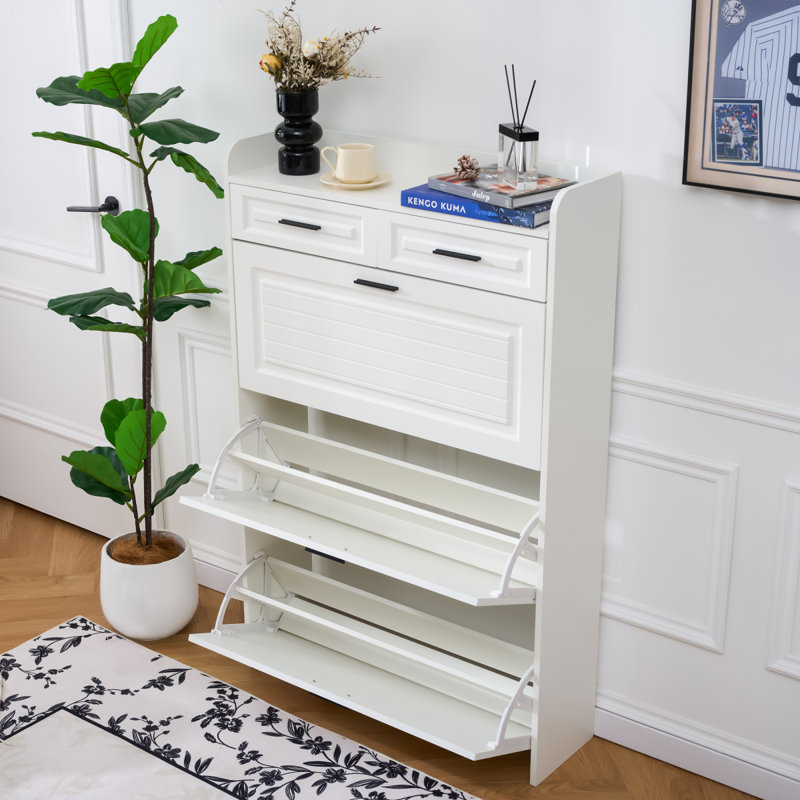 Shoe Cabinet With 3 Hidden Flip Drawers & 2 Storage Drawer,Particle Board Narrow Shoe Storage Cabinet,Freestanding Shoe Organizer Cabinet For Entryway Hallway(White)