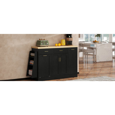 Îlot de cuisine multifonctionnel avec rangement caché pour les ordures, armoire à porte coulissante et étagère à épices à 3 niveaux, noir, élégant bistro à deux tons avec tiroirs lisses inclinables, finition