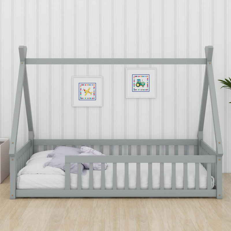 Lit simple en bois en forme de tente avec garde-corps, Gris