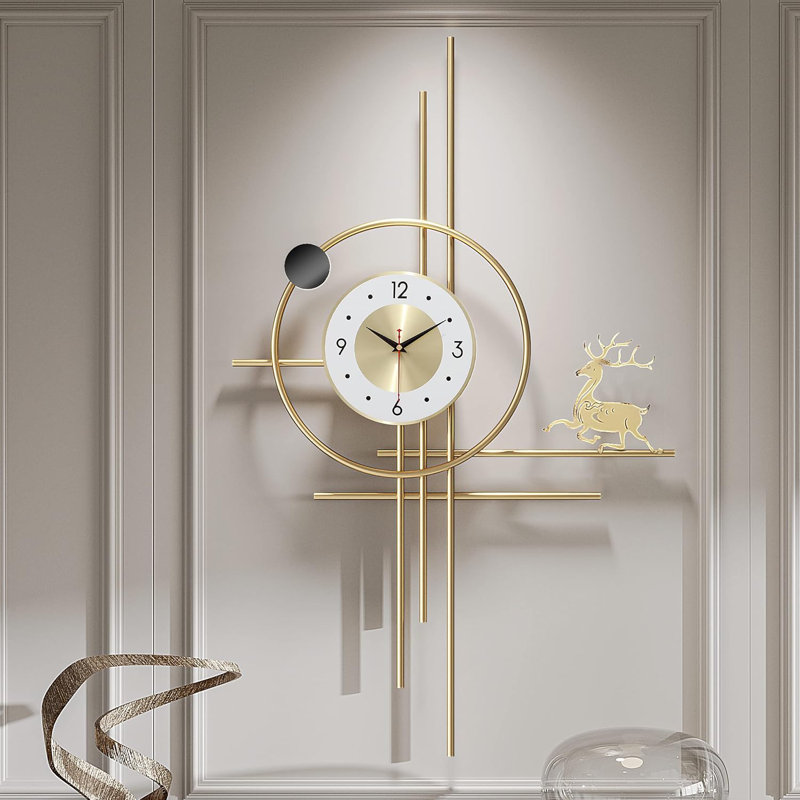 Grande horloge murale anti-tic-tac, design de wapiti en métal doré pour la décoration du salon
