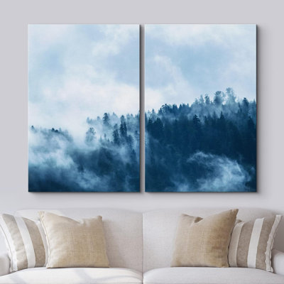 Misty Forest Landscape " Misty Fog Blue Winter Mountain Forest Nature Landscape Print Decor " 2 - Pieces