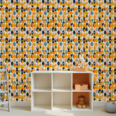 Papier peint adhésif peler et coller en PVC, revêtement mural auto-adhésif amovible avec motifs géométriques rétro cercles audacieux, orange et jaune marine, imperméable pour la décoration intérieure - Rouleau