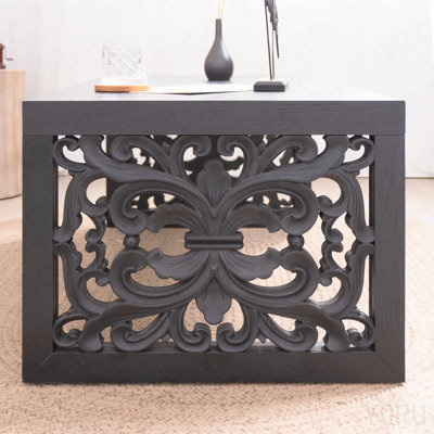 47.2" Solid Black Carved Coffee Table - Handcrafted, Ornate Side Panels - Black