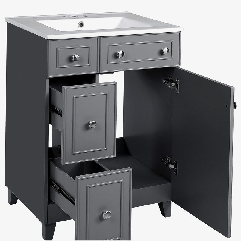 Meuble-lavabo gris 24 po avec lavabo en céramique, 2 tiroirs, 1 porte à fermeture en douceur, Gris