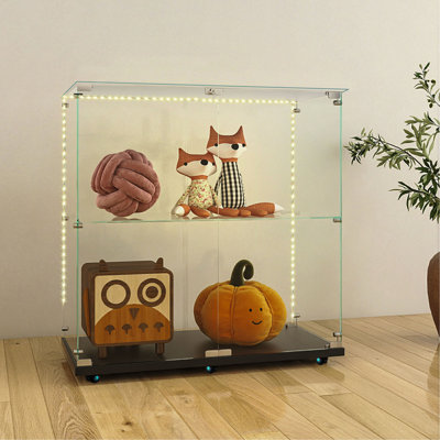 Tempered Glass Display Cabinet,Wine Cabinet,Storage Cabinet,File Cabinet,With Bluetooth LED Light Strip,Lockable Swivel Casters,Suitable For Uneven Ground,Can Be Placed Anywhere,Color:Black
