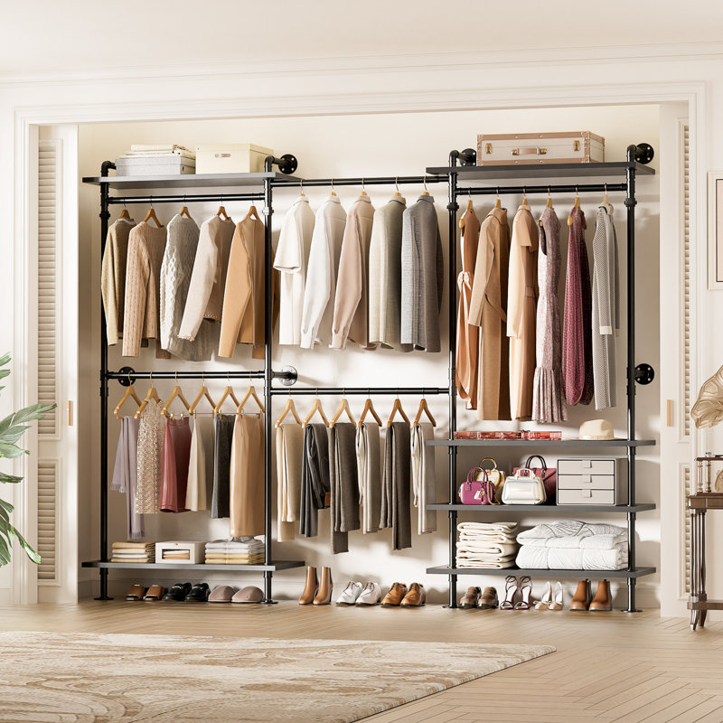 Portemanteaux 59 "à 103,2" en forme de L en forme de C, support à vêtements avec 3 tablettes en bois, support de rangement mural