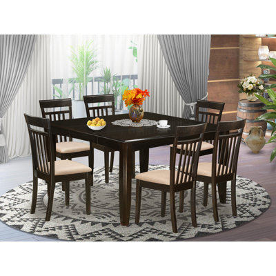 7 Piece Kitchen Table Set Consist of a Square Dining Table with Butterfly Leaf and 6 Linen Fabric Dining Room Chairs, Cappuccino